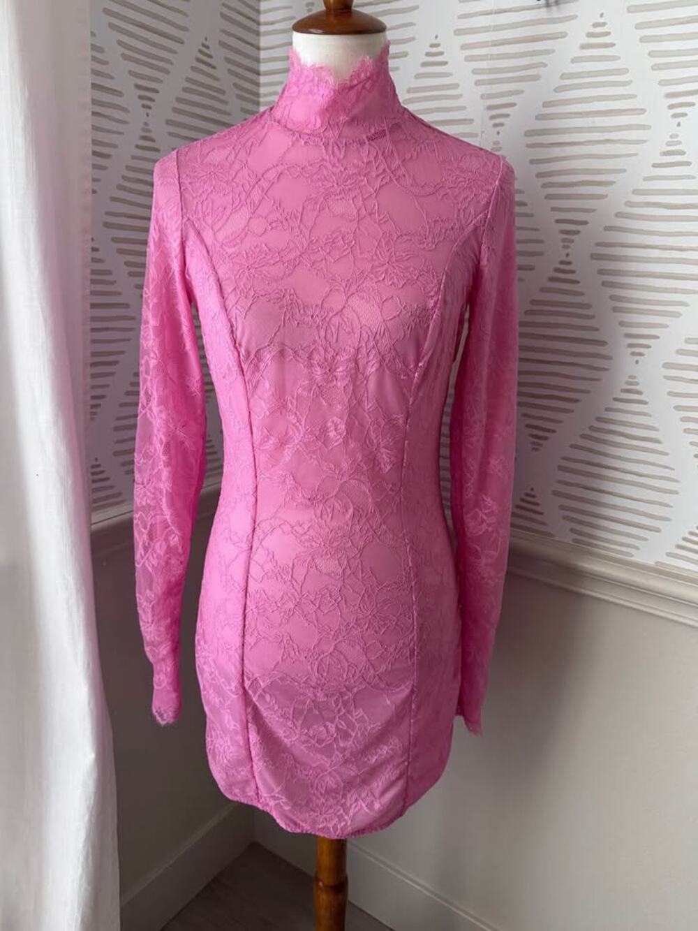 SKIMS Large Stretch Lace Mock Neck Dress in Bubblegum Pink